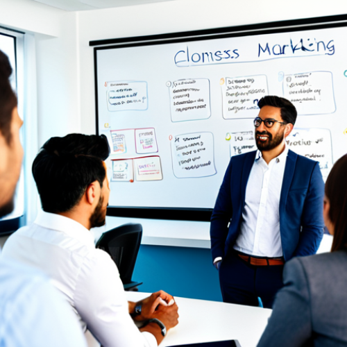 ** A professional marketing team brainstorming ideas in a modern, brightly lit office. Diverse group, fully clothed in business casual attire. Whiteboard with marketing strategies in the background. Safe for work, appropriate content, professional.

**