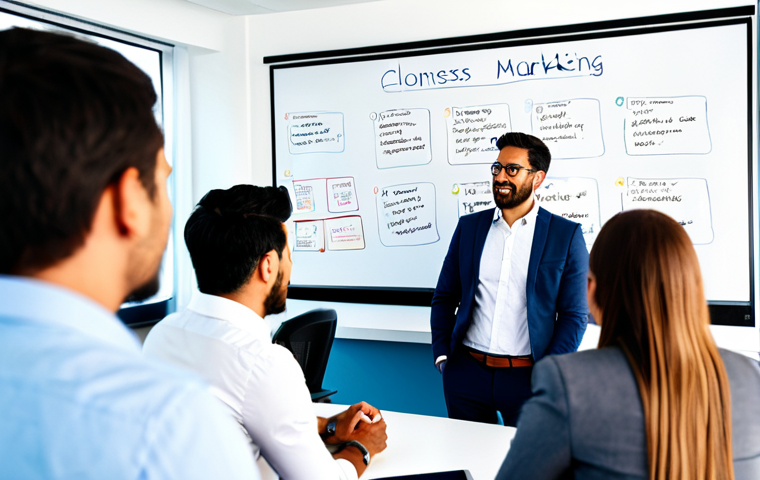 ** A professional marketing team brainstorming ideas in a modern, brightly lit office. Diverse group, fully clothed in business casual attire. Whiteboard with marketing strategies in the background. Safe for work, appropriate content, professional.
**