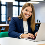 **A vibrant photograph of a female entrepreneur in a modern co-working space, fully clothed in a stylish business casual outfit, smiling confidently while working on her laptop. Natural lighting, focus on her determined expression, safe for work, professional, appropriate content.**