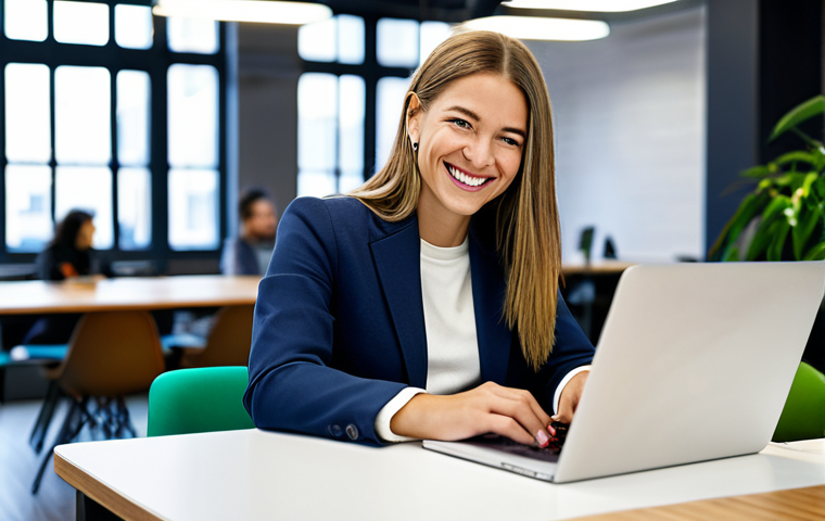 **A vibrant photograph of a female entrepreneur in a modern co-working space, fully clothed in a stylish business casual outfit, smiling confidently while working on her laptop. Natural lighting, focus on her determined expression, safe for work, professional, appropriate content.**