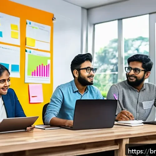 스타트업 마케팅 연봉 트렌드 - A modern startup office scene in Bangladesh with a diverse group of young Bengali professionals coll...