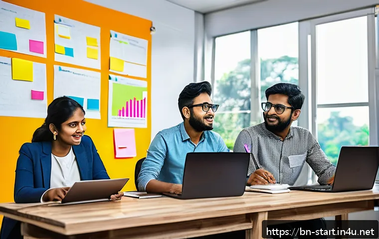 스타트업 마케팅 연봉 트렌드 - A modern startup office scene in Bangladesh with a diverse group of young Bengali professionals coll...