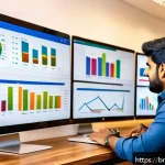 스타트업 마케팅 업무 기술 - A professional Bengali startup marketing team analyzing customer data on multiple digital screens di...