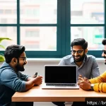 스타트업 마케팅 취업 성공 전략 - A dynamic social media marketing scene focused on Bengali startup culture, featuring a diverse group...