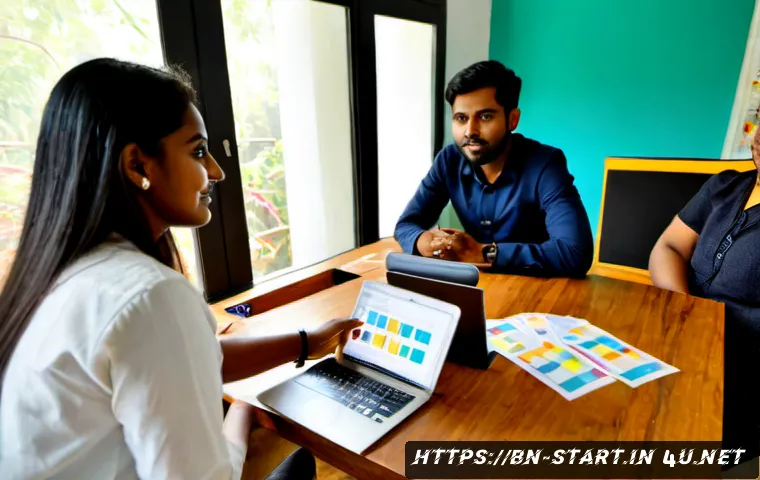 스타트업 마케팅 목표 설정 - Photorealistic startup marketing planning session in a bright modern Dhaka coworking office, diverse...